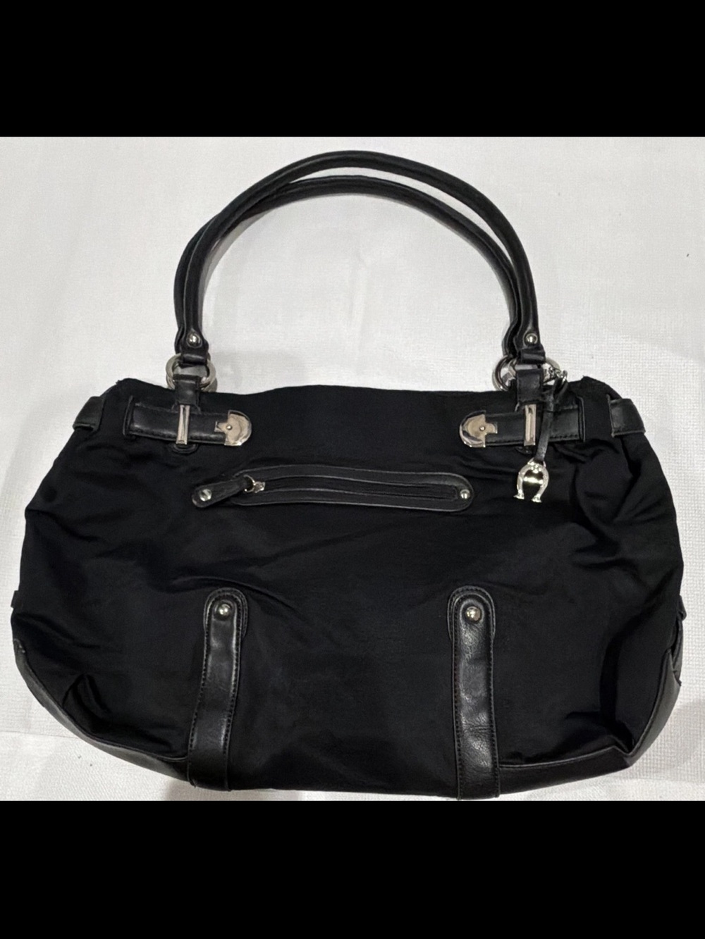 Etienne Aigner Classic Nylon Large Black Tote Bag with Leather Trim